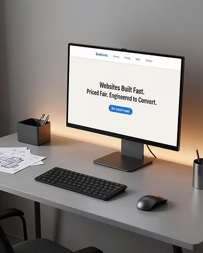 BradWorks website displayed on a desktop monitor in a clean workspace